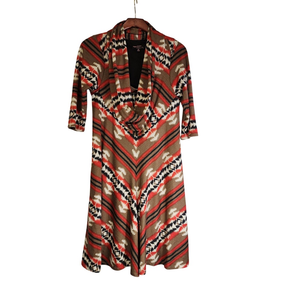 Signature by Robbie Bee Womens Southwestern Cowl Neck Knit Dress Brown Red Med